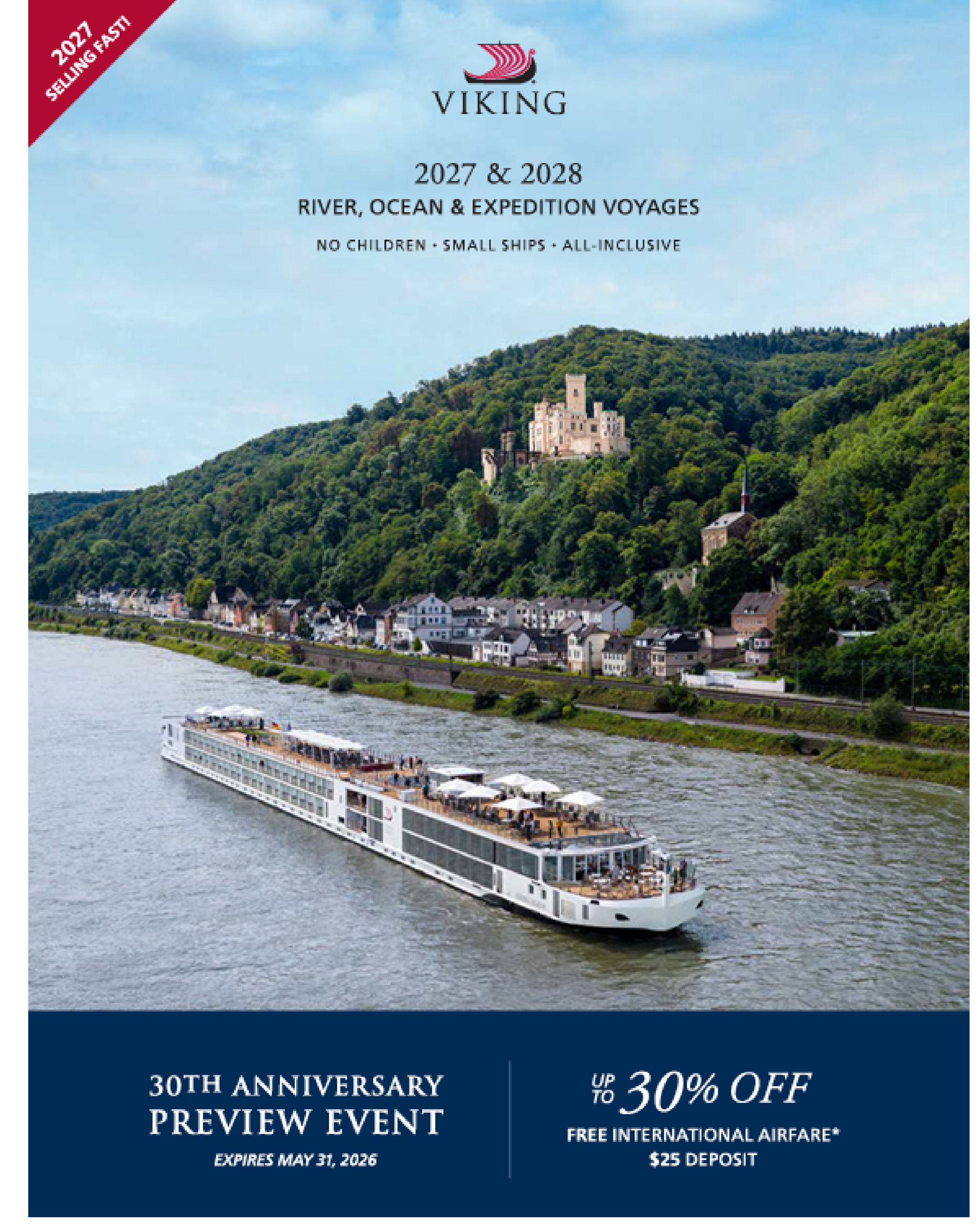 River cruise ship sails past scenic hillside castle