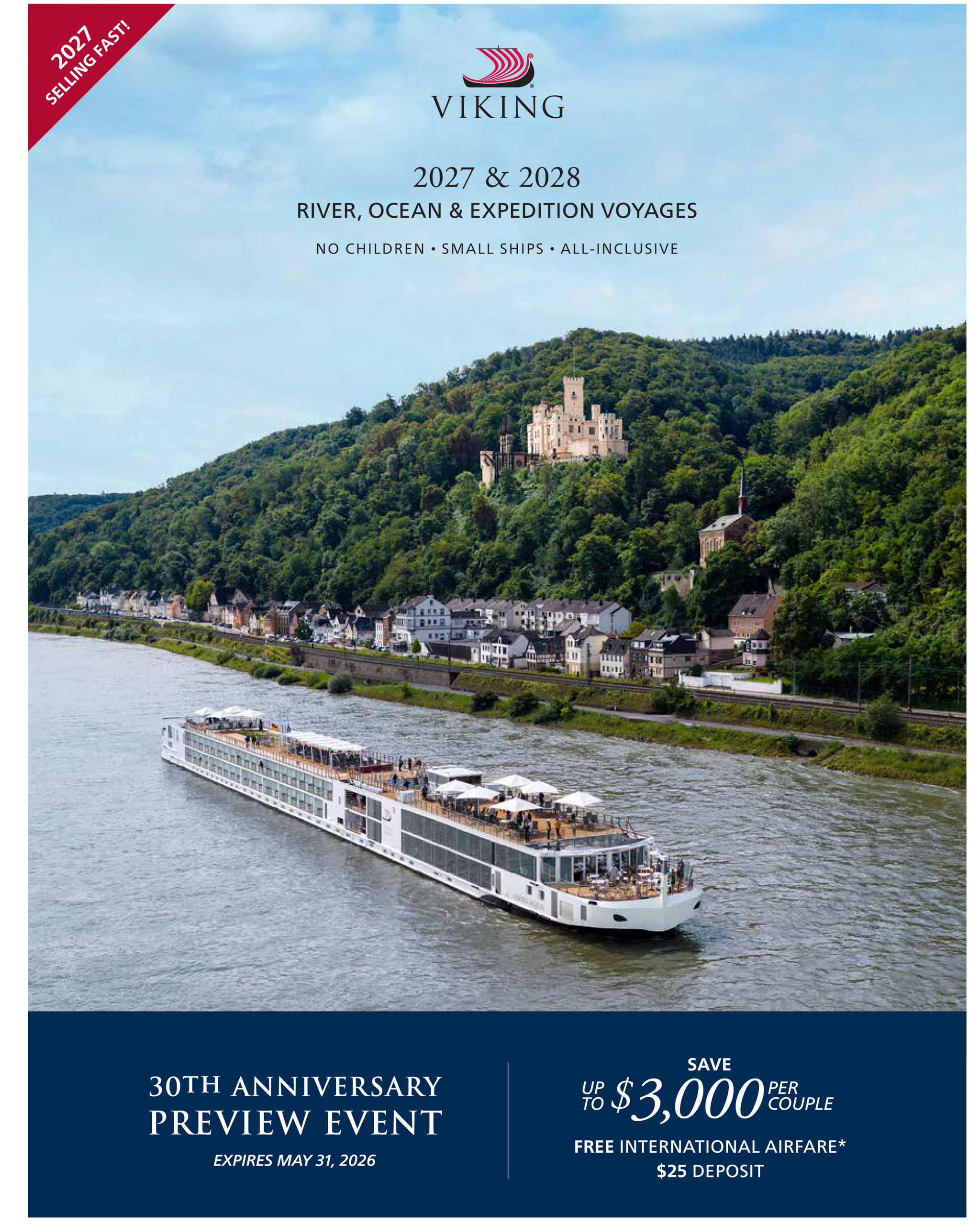 River cruise ship on scenic European waterway