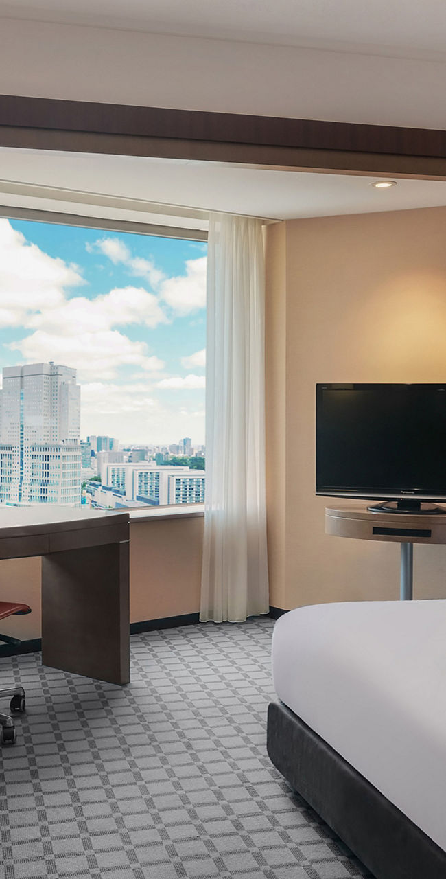 Modern hotel room with city view
