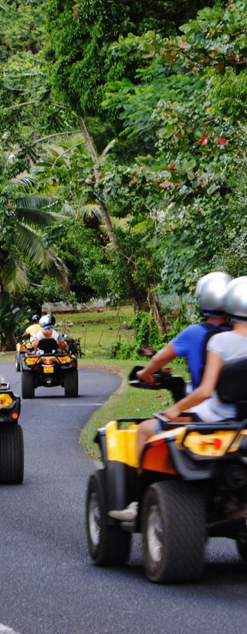Group riding ATVs on tropical road