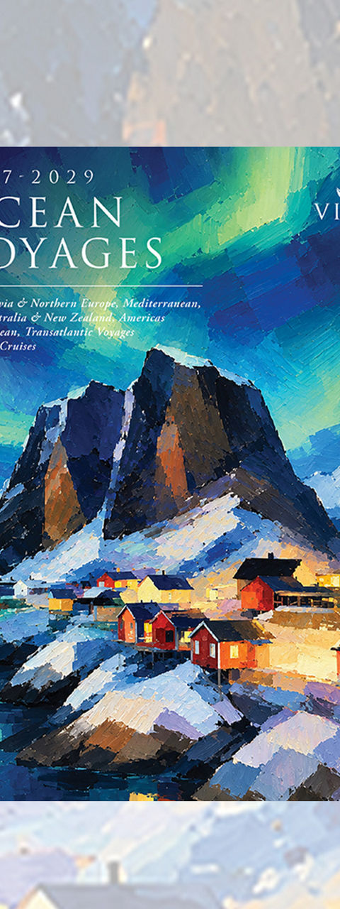 Colorful ocean voyages brochure over mountains