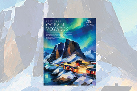 Colorful ocean voyages brochure over mountains