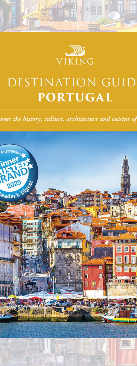 Portugal Destination Guide Cover with Cityscape Background