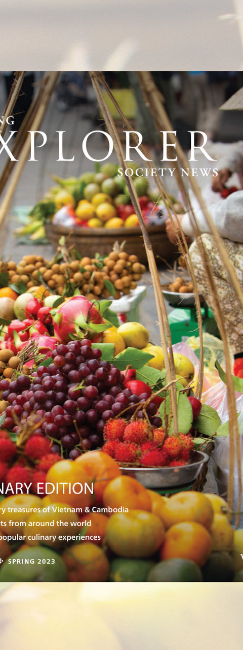 Colorful fruit market scene on Explorer magazine cover