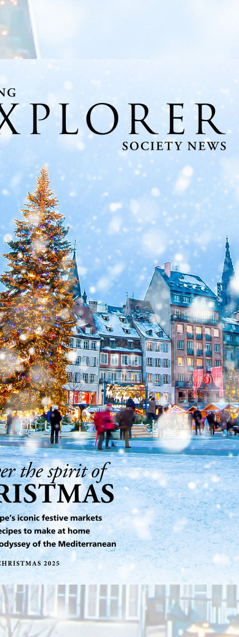Snowy Christmas Market with Decorated Tree and Magazine Cover