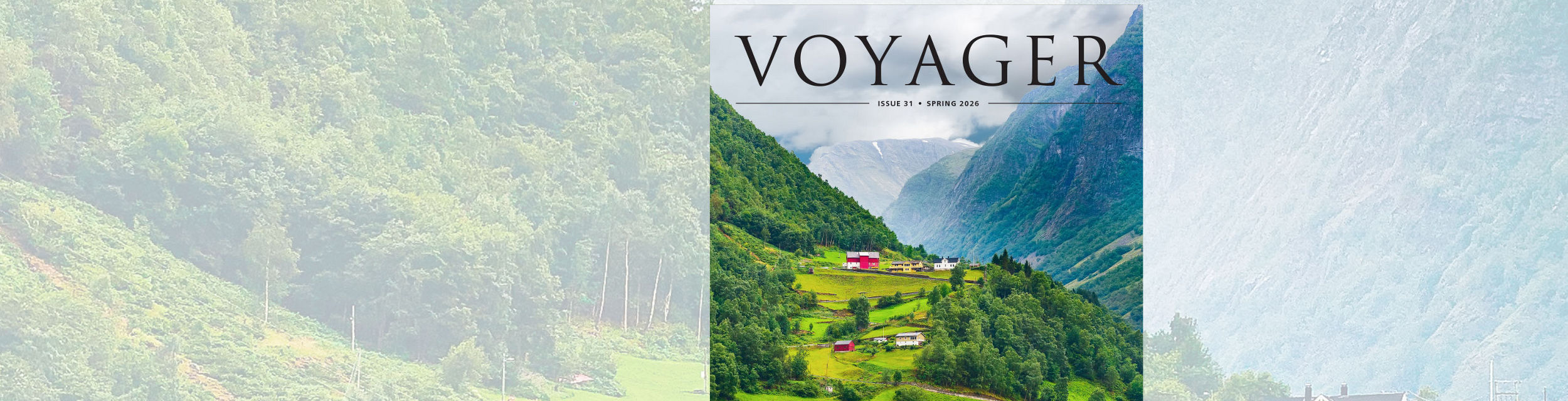 Voyager travel magazine cover in green valley