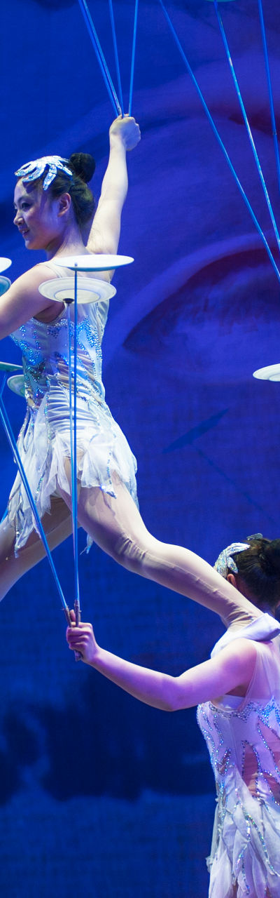 Acrobats balancing plates in vibrant performance