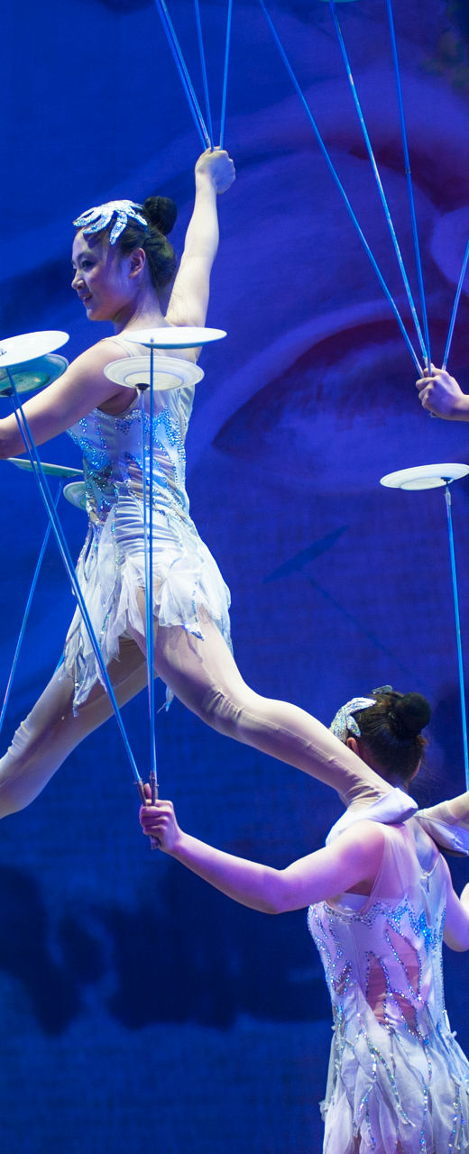 Acrobats balancing plates in vibrant performance