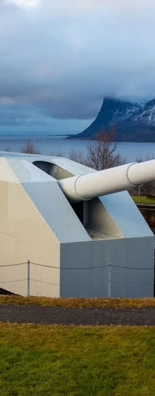 Coastal artillery gun overlooking snowy fjord