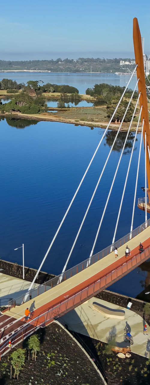 Modern pedestrian bridge over calm river