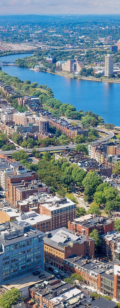 Aerial view of Boston cityscape and Charles River