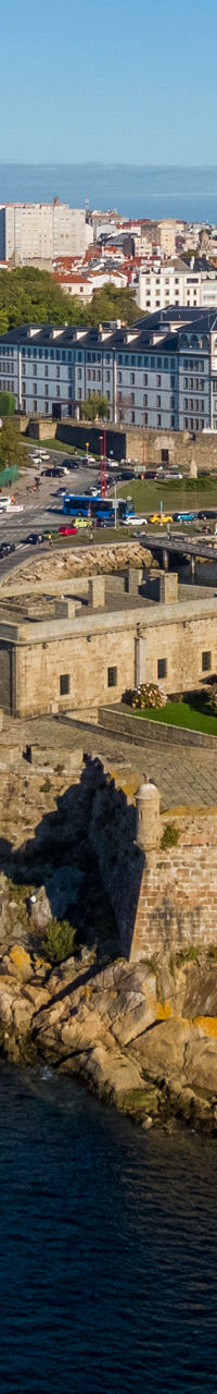 Aerial view of coastal fortress and marina
