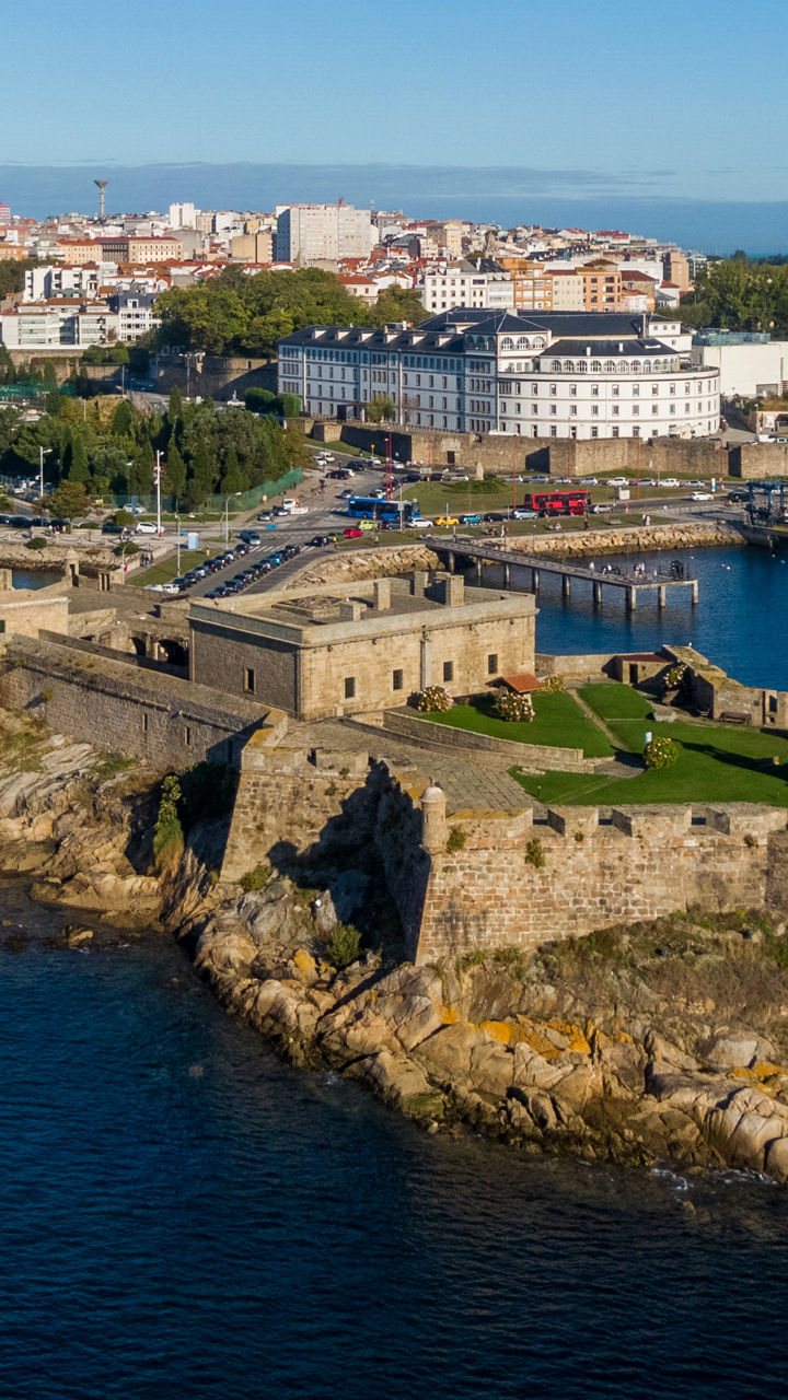 Aerial view of coastal fortress and marina