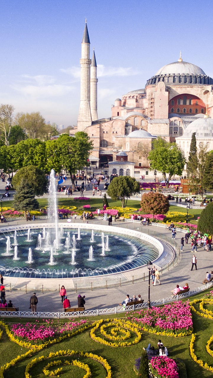 Hagia Sophia with vibrant garden view