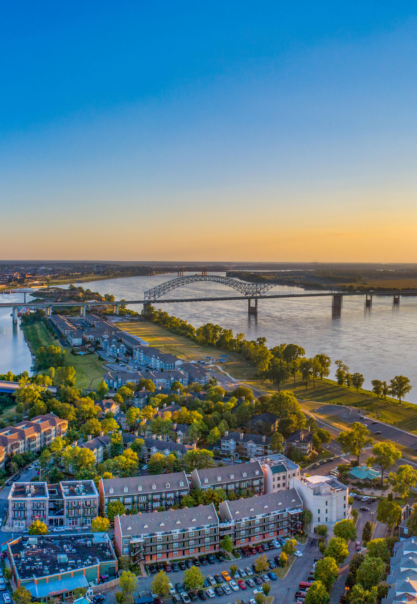 Aerial view of Memphis skyline at sunset