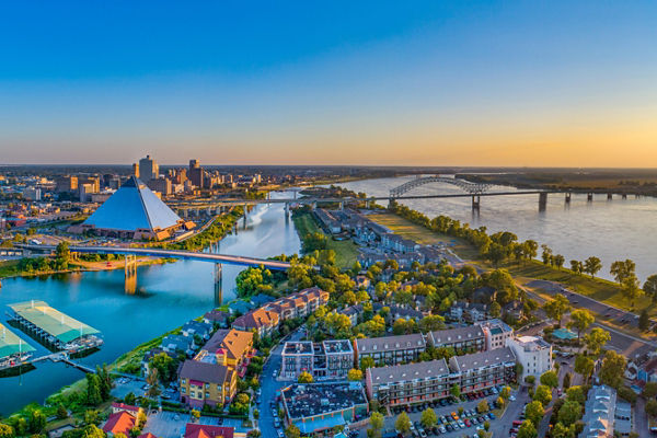 Aerial view of Memphis skyline at sunset
