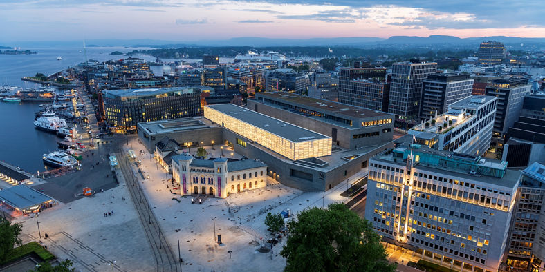 Aerial view of Oslo cityscape at dusk