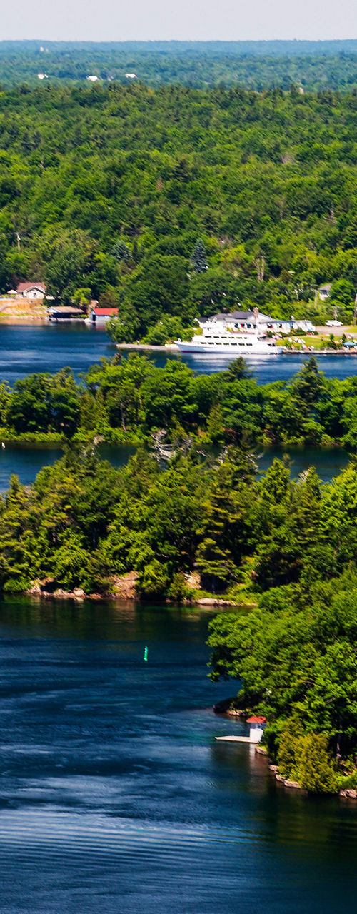 Aerial View of Forested River Islands with Houses