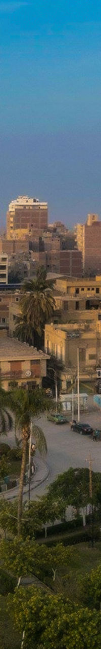 Urban skyline with mosque at sunset