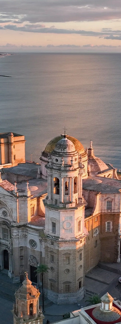 Aerial view of Cádiz Cathedral at sunset