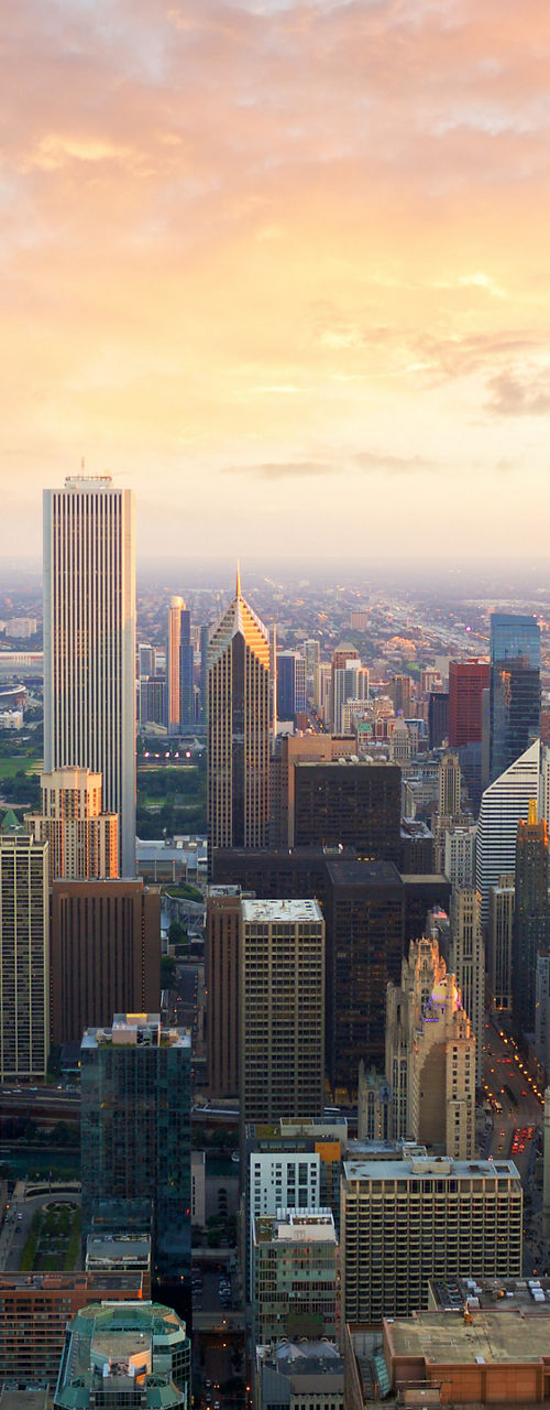 Chicago skyline at sunset with lake view