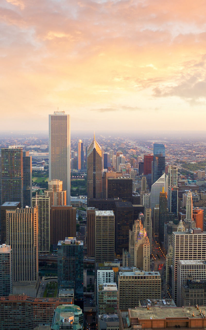 Chicago skyline at sunset with lake view