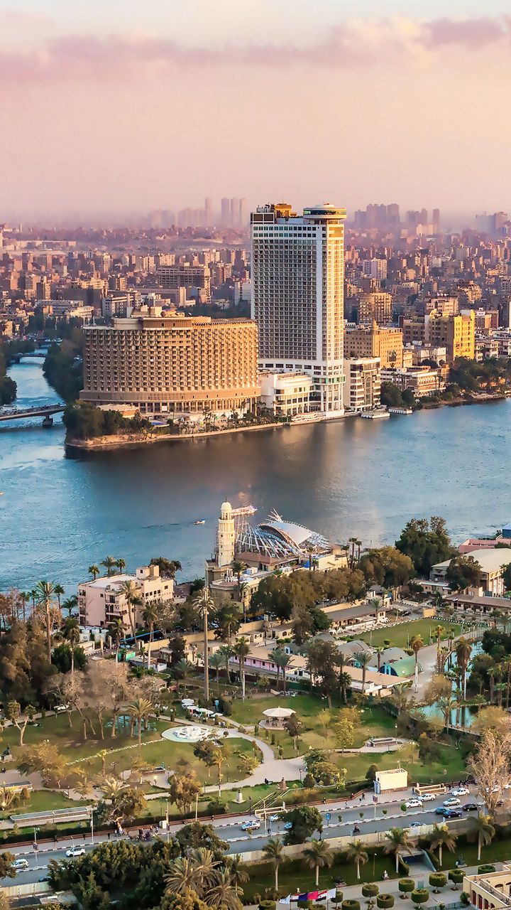 Cairo cityscape with Nile River at sunset