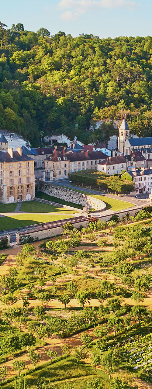 Aerial view of French castle and gardens