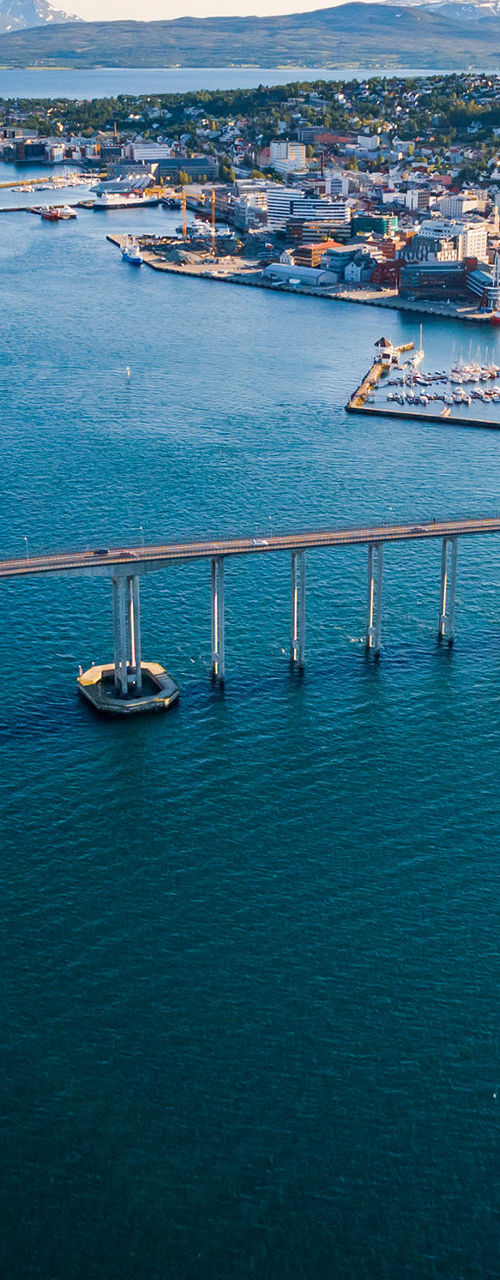 Scenic aerial view of Tromsø bridge and city