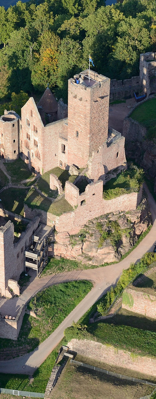 Aerial view of medieval castle and river