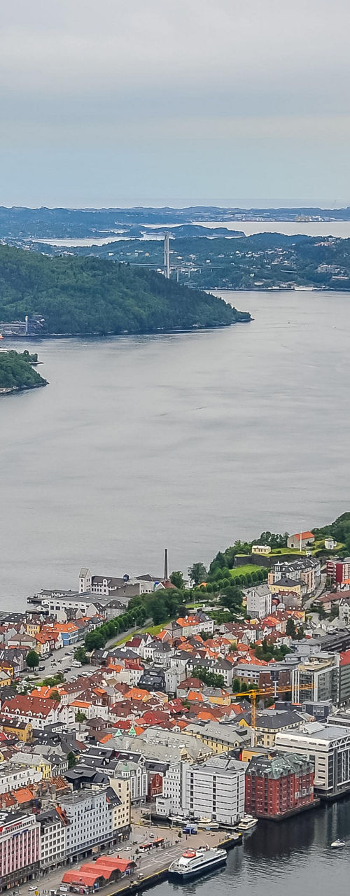 Aerial view of Bergen harbor and cityscape
