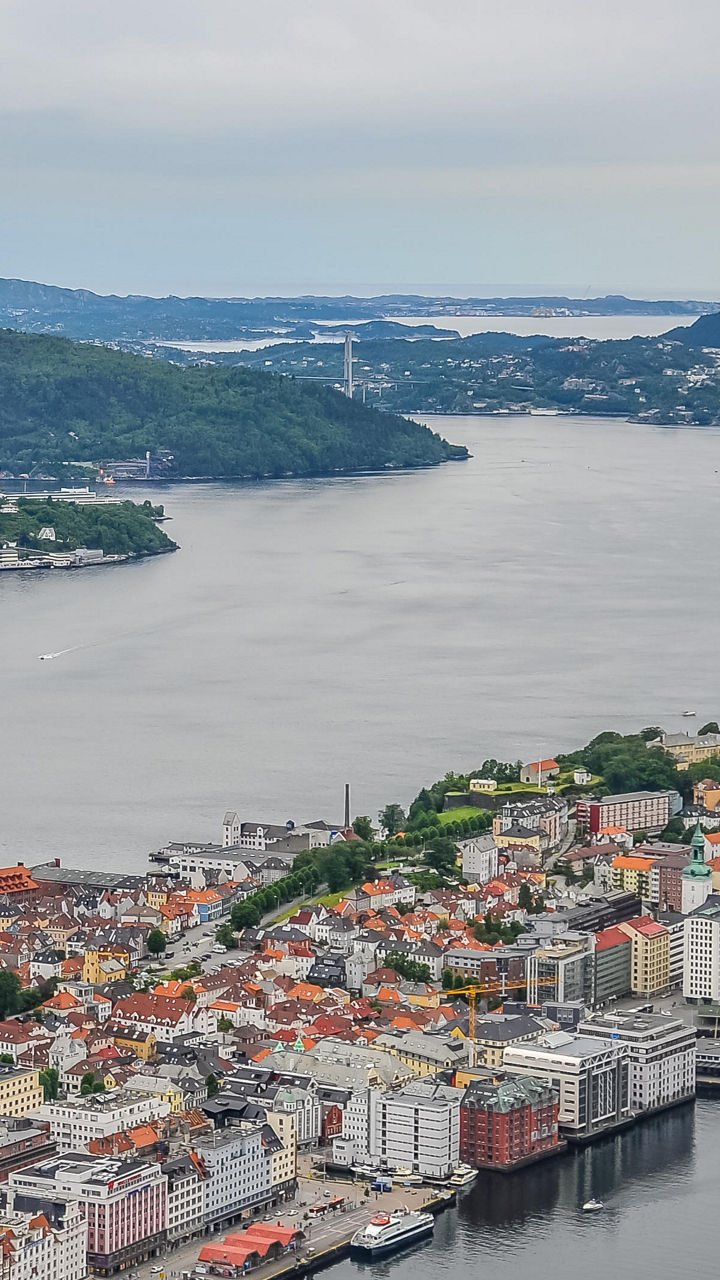 Aerial view of Bergen harbor and cityscape