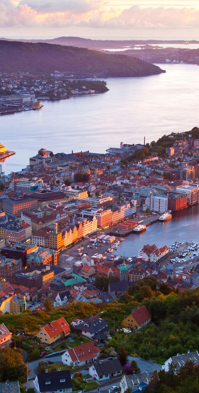 Scenic sunset view of Bergen cityscape