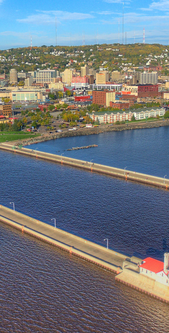 Aerial view of Duluth harbor and lighthouse