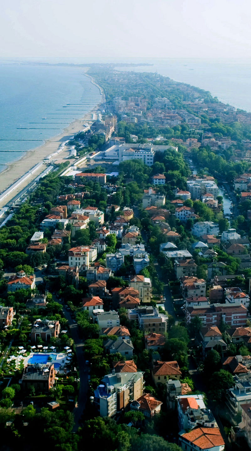 Aerial view of coastal town and beach