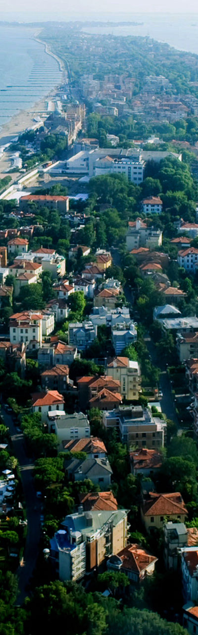 Aerial view of coastal town and beach