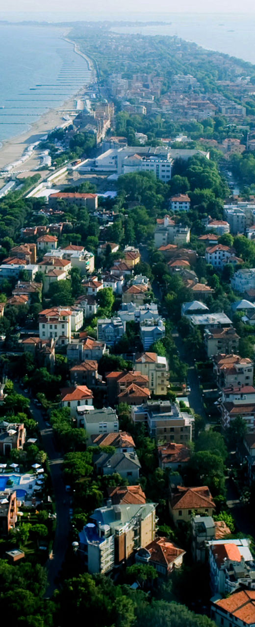 Aerial view of coastal town and beach