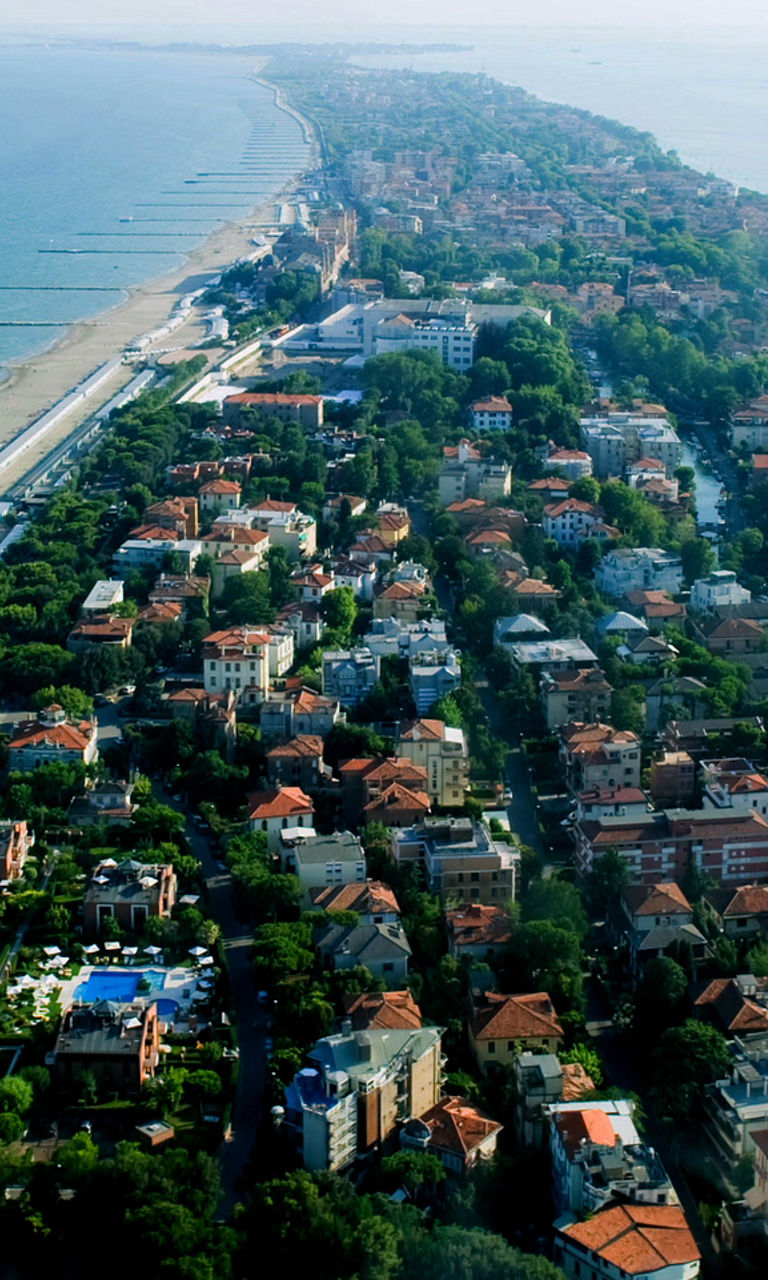 Aerial view of coastal town and beach