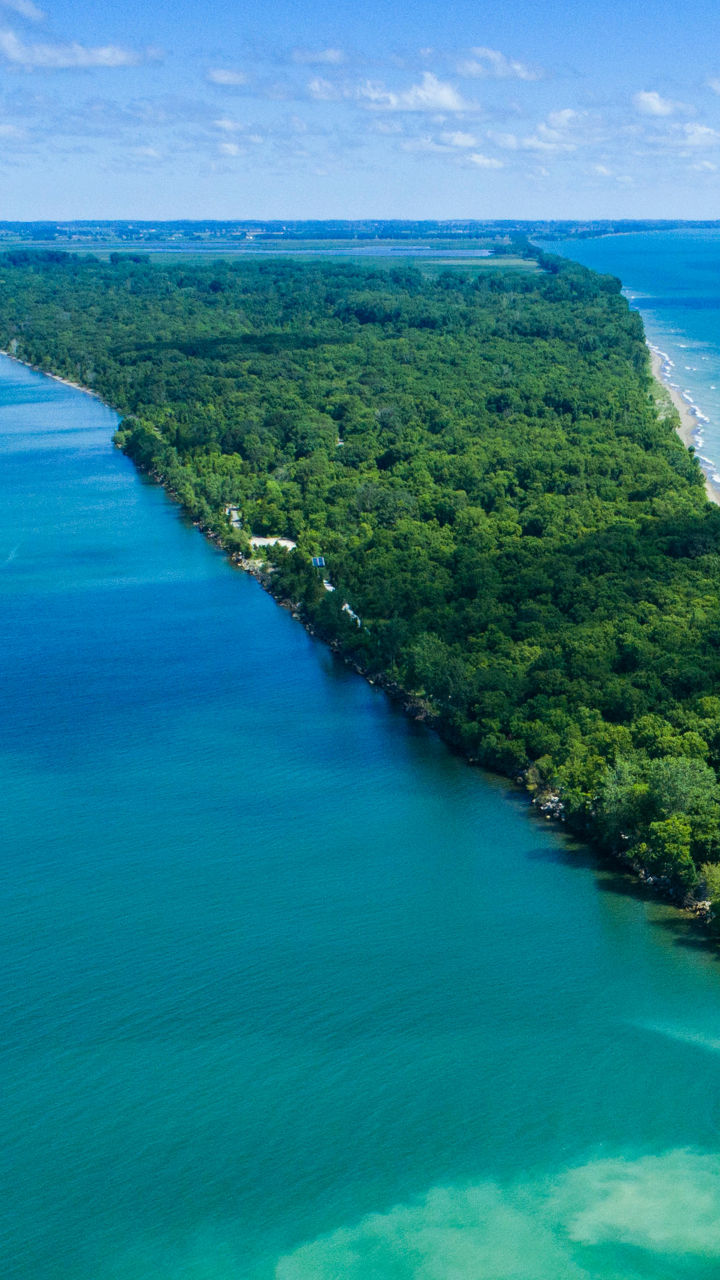 Aerial view of lush green peninsula