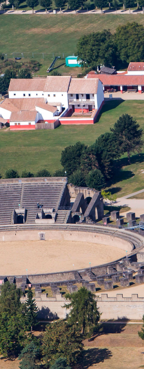 Aerial view of Roman amphitheater and grounds