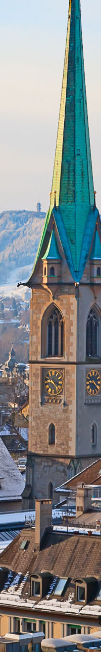 Winter cityscape with historic church spires