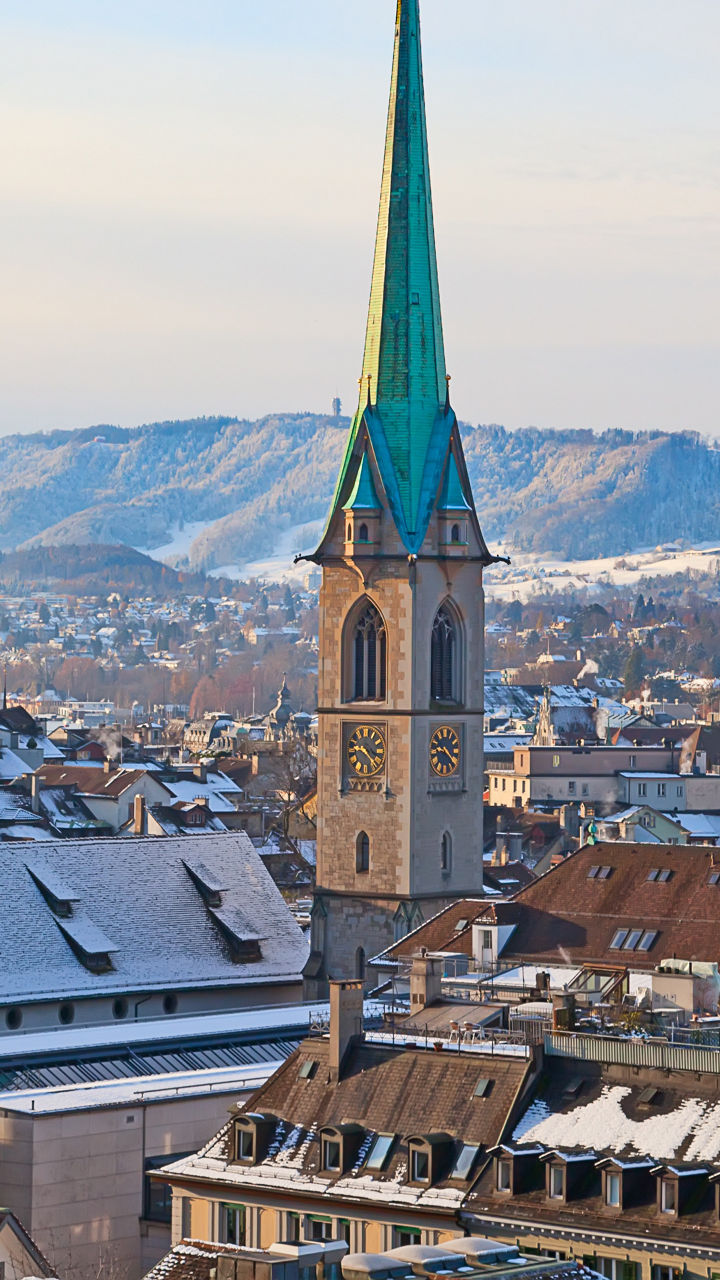Winter cityscape with historic church spires