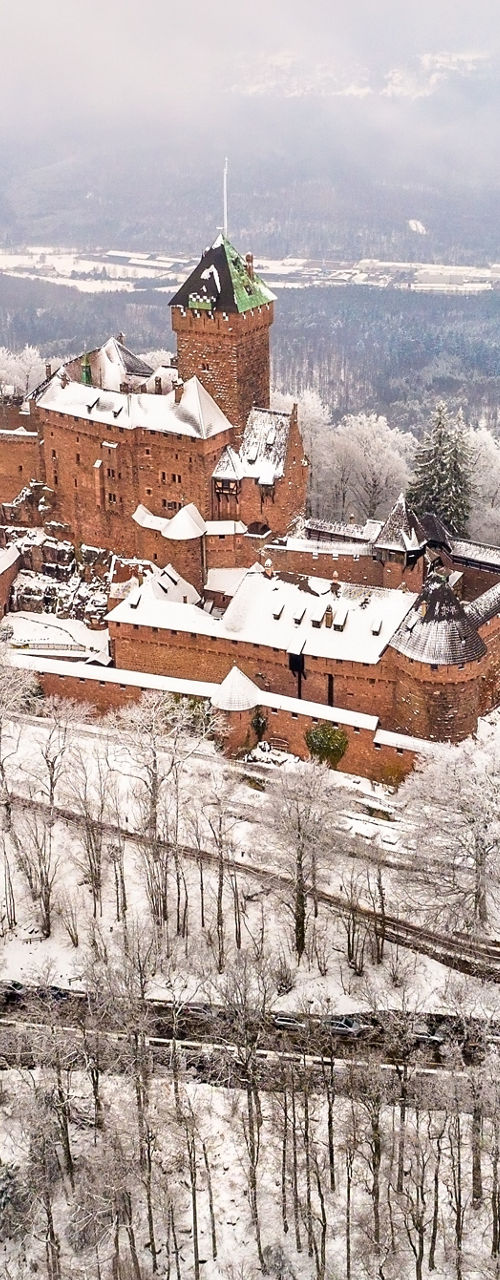 Snow-covered medieval castle in winter landscape