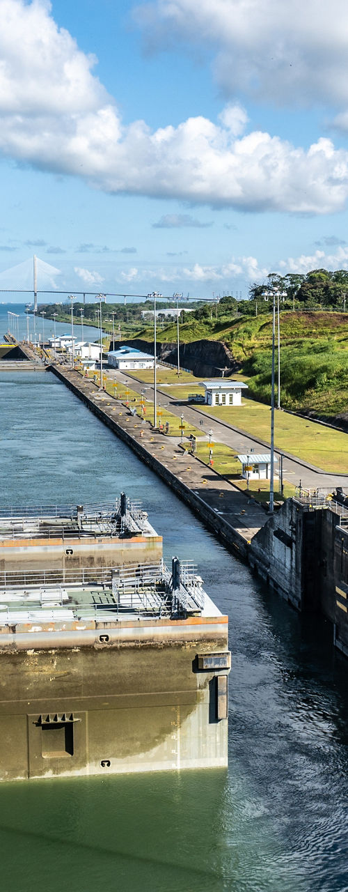 Panama Canal locks under sunny skies