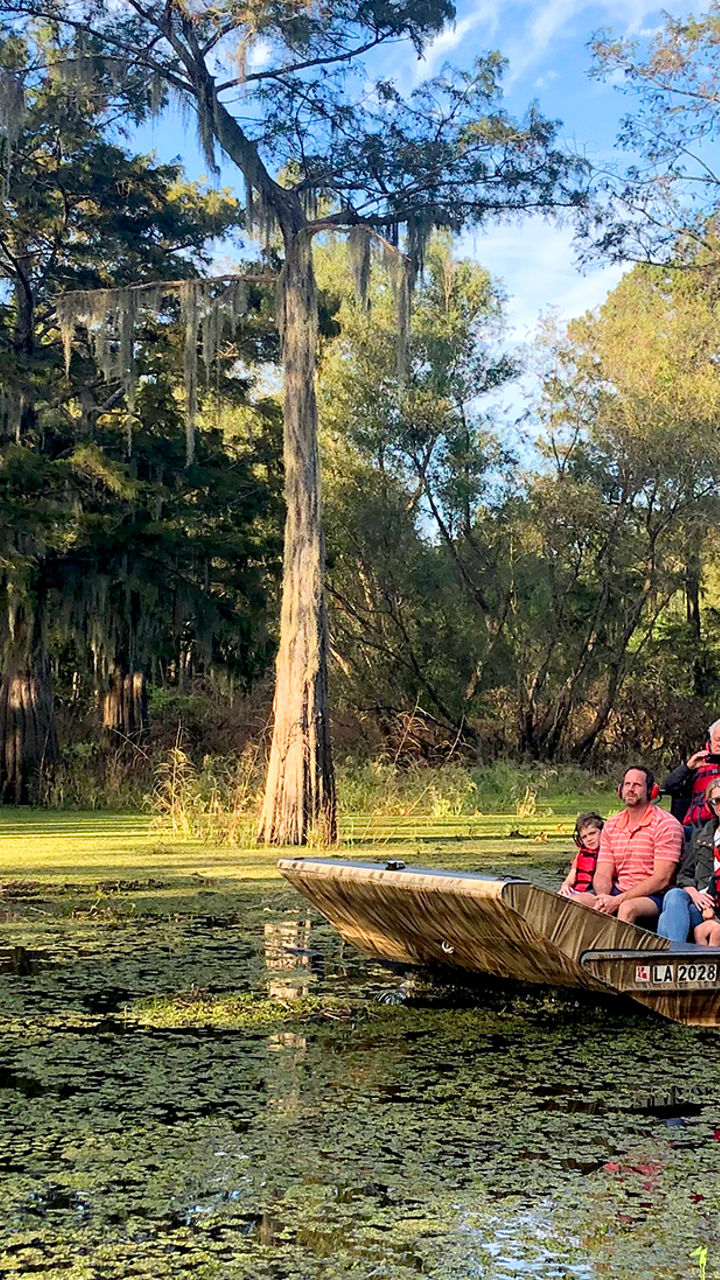 Group on airboat in scenic swamp