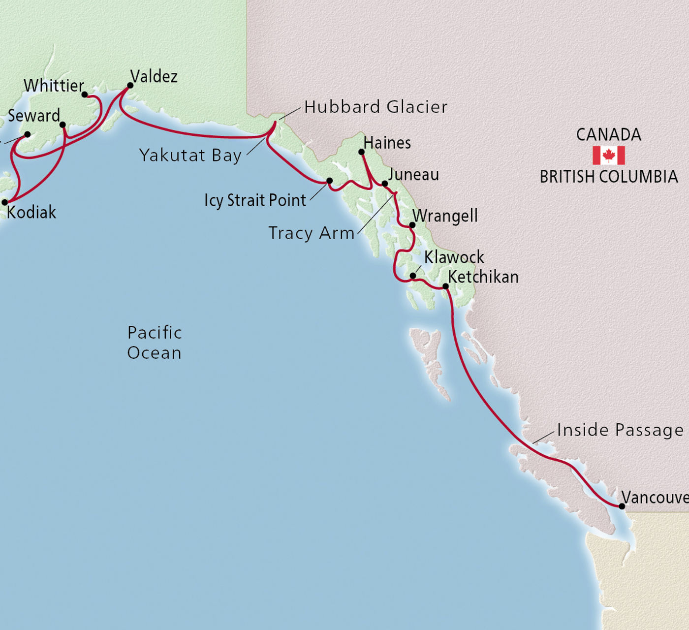 Map of Alaskan Fjords & the Inside Passage itinerary
