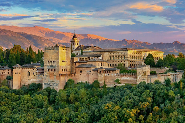 Alhambra palace at sunset in Granada
