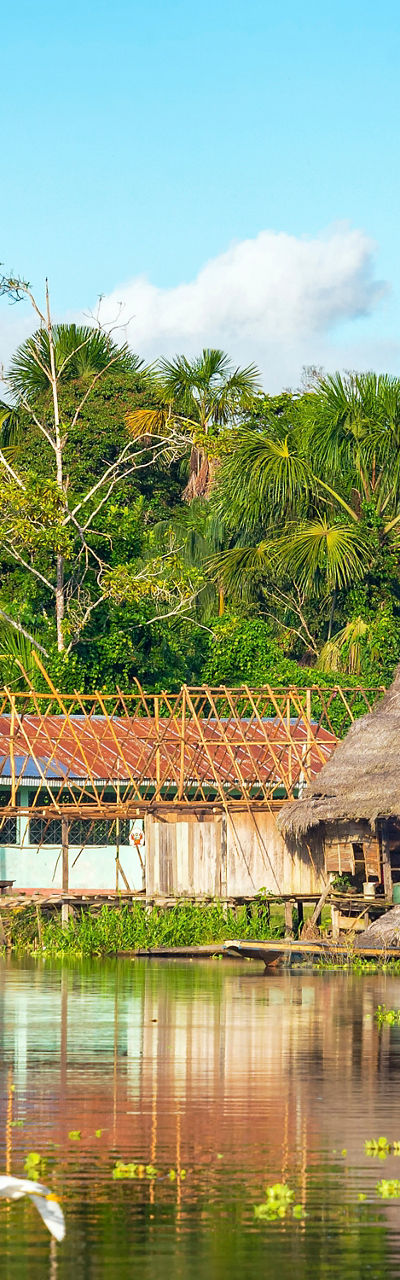 Riverside village with traditional huts