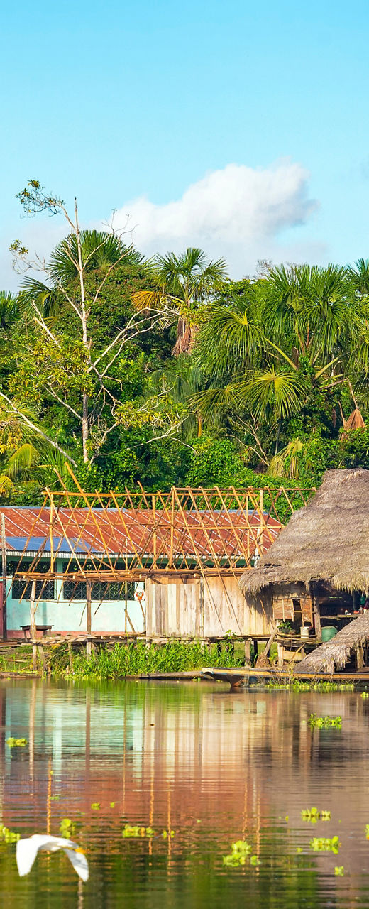 Riverside village with traditional huts