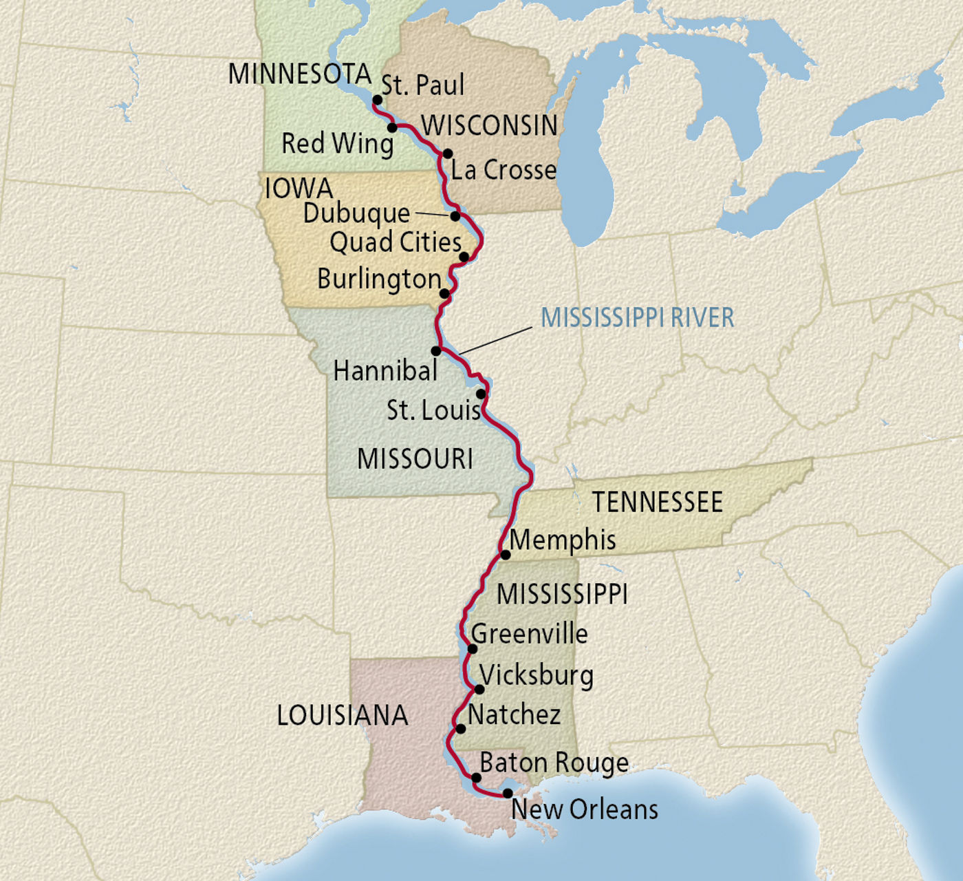 Map of America's Great River itinerary